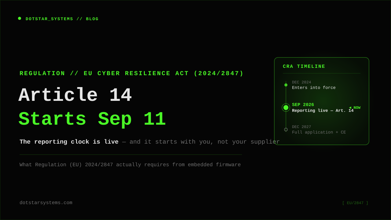 The Cyber Resilience Act's Reporting Clock Starts September 11 — Before Your Upstream's Does